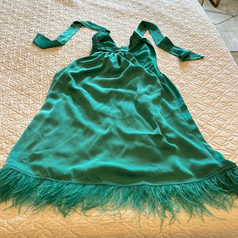 Green Satin Dress with Feather Hem